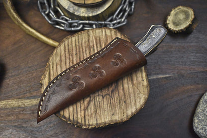 Custom Forged Rain Drop Damascus Skinner Knife with Hardwood Handle – 8" Camping & Hunting Blade