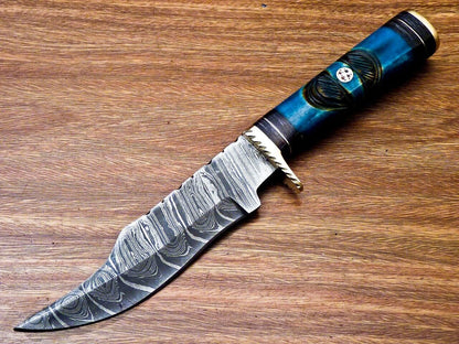 10" Handmade Damascus Steel Bowie Hunting Knife | Engraved Camel Bone & Hardwood Handle