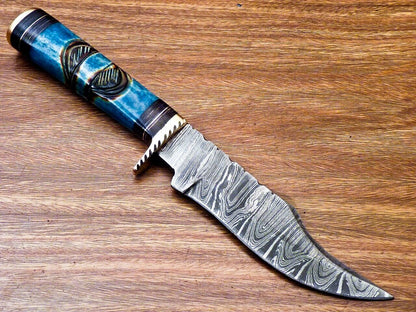 10" Handmade Damascus Steel Bowie Hunting Knife | Engraved Camel Bone & Hardwood Handle