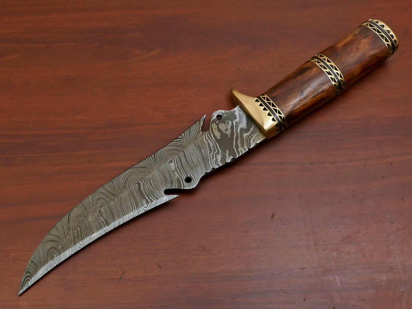 13" Hand-Forged Damascus Bowie Knife – Rosewood Handle with Brass Guard & Leather Sheath