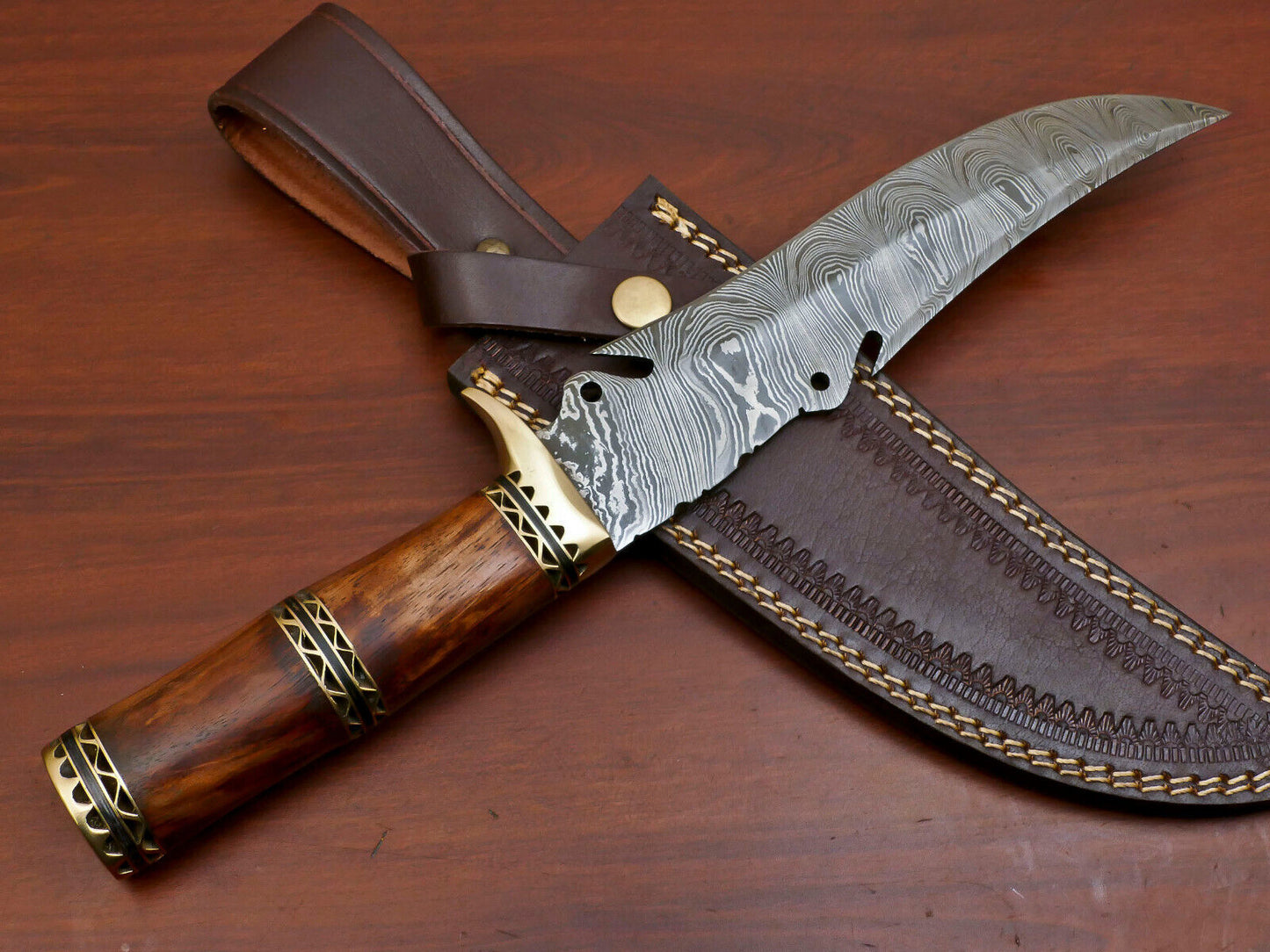 13" Hand-Forged Damascus Bowie Knife – Rosewood Handle with Brass Guard & Leather Sheath