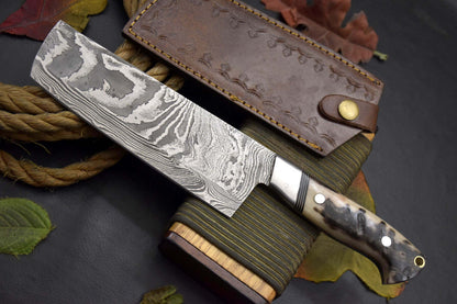 Custom Handmade Damascus Steel Nakiri Chef Knife – Rams Horn Handle, Ladder Pattern Blade with Leather Sheath