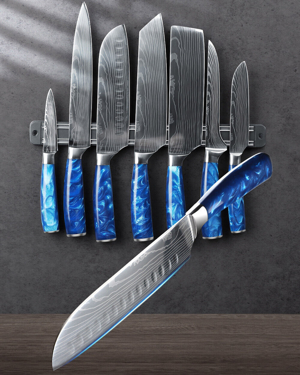 Blue 10PC Japanese Kitchen Knives Laser Damascus Pattern Chef Knife Set with Scabbards