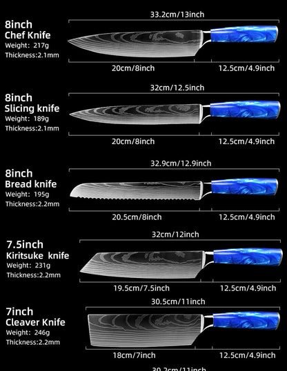 Blue 10PC Japanese Kitchen Knives Laser Damascus Pattern Chef Knife Set with Scabbards