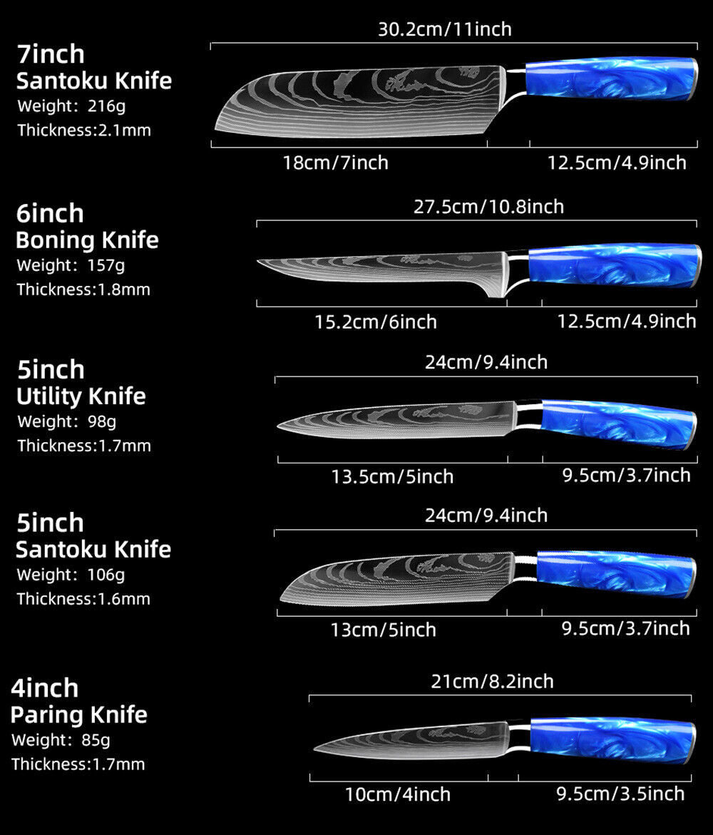 Blue 10PC Japanese Kitchen Knives Laser Damascus Pattern Chef Knife Set with Scabbards