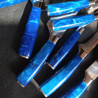 Blue 10PC Japanese Kitchen Knives Laser Damascus Pattern Chef Knife Set with Scabbards