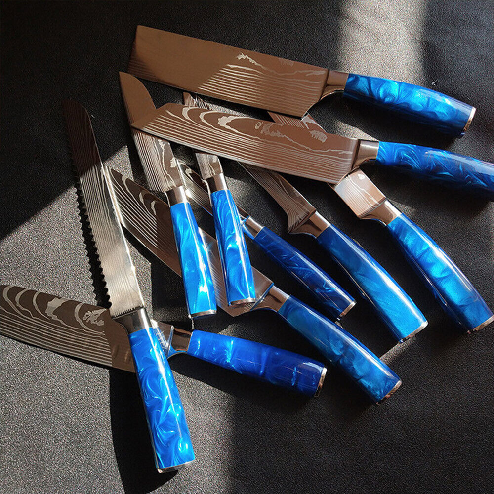 Blue 10PC Japanese Kitchen Knives Laser Damascus Pattern Chef Knife Set with Scabbards