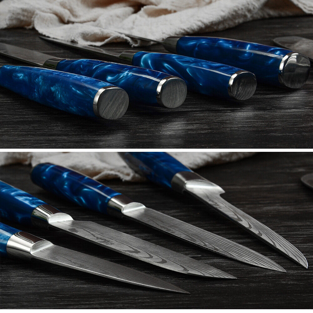 Blue 10PC Japanese Kitchen Knives Laser Damascus Pattern Chef Knife Set with Scabbards