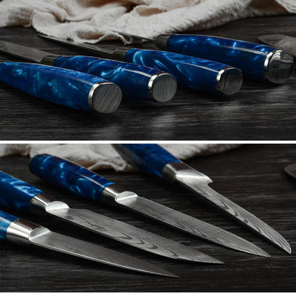 Blue 10PC Japanese Kitchen Knives Laser Damascus Pattern Chef Knife Set with Scabbards