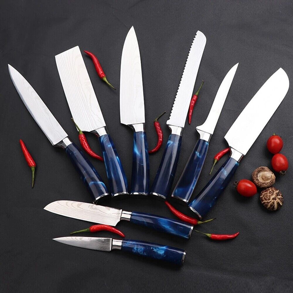 Blue 10PC Japanese Kitchen Knives Laser Damascus Pattern Chef Knife Set with Scabbards