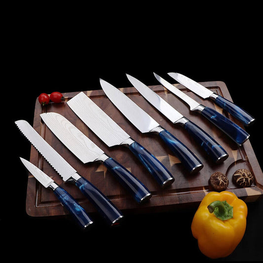 Blue 10PC Japanese Kitchen Knives Laser Damascus Pattern Chef Knife Set with Scabbards