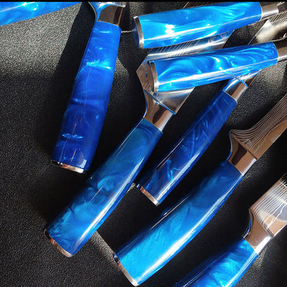 Blue 10PC Japanese Kitchen Knives Laser Damascus Pattern Chef Knife Set with Scabbards