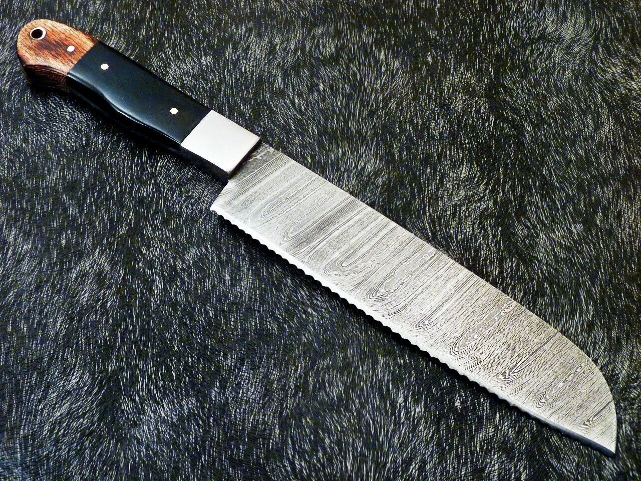 12" Custom Hand Forged Damascus Steel Chef Knife Kitchen Knife with Hardwood & Bull Horn Handle
