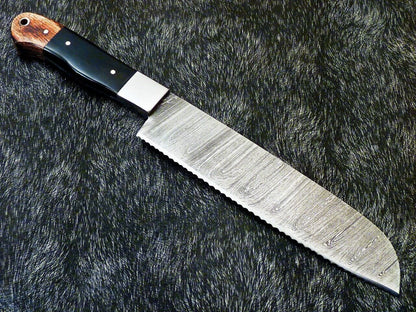 12" Custom Hand Forged Damascus Steel Chef Knife Kitchen Knife with Hardwood & Bull Horn Handle