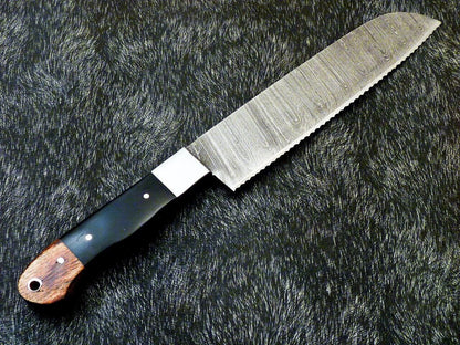 12" Custom Hand Forged Damascus Steel Chef Knife Kitchen Knife with Hardwood & Bull Horn Handle