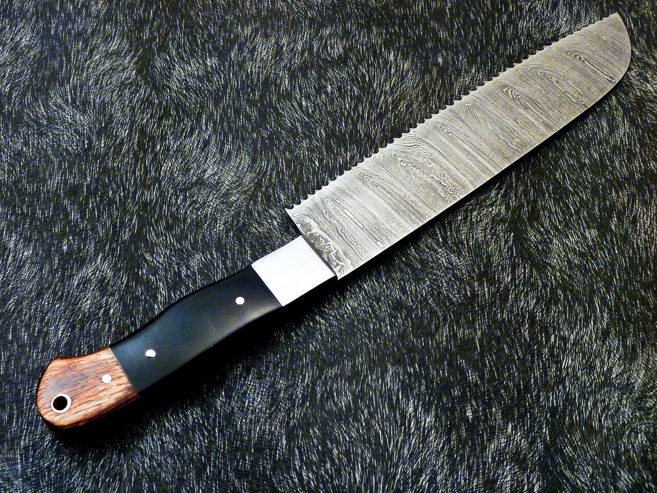 12" Custom Hand Forged Damascus Steel Chef Knife Kitchen Knife with Hardwood & Bull Horn Handle