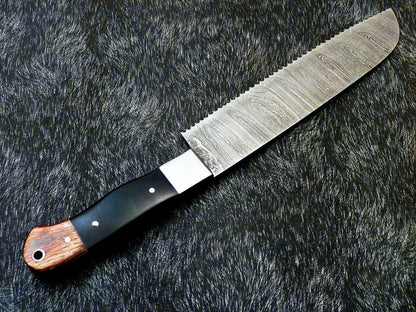 12" Custom Hand Forged Damascus Steel Chef Knife Kitchen Knife with Hardwood & Bull Horn Handle