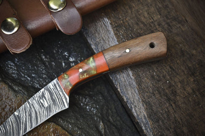 Twist Damascus Skinner Knife with Gut Hook – Custom Handmade Hunting Knife