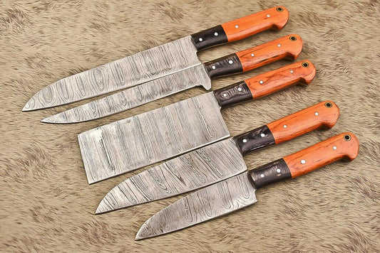 Rare Hand-Forged Damascus Steel Throwing, Hunting & Chef Knife Set, 5 Pieces, Hard Wood Handles, 8-Inch Blades, Wooden Bolsters, Full Tang, Oil-Tempered 58-60 HRC