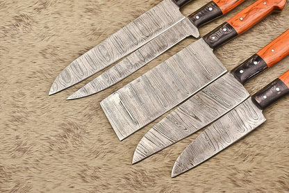 Rare Hand-Forged Damascus Steel Throwing, Hunting & Chef Knife Set, 5 Pieces, Hard Wood Handles, 8-Inch Blades, Wooden Bolsters, Full Tang, Oil-Tempered 58-60 HRC
