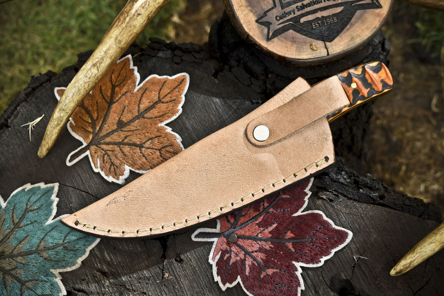 Twist Damascus Skinner Knife with Hardwood Handle for Survival and Camping