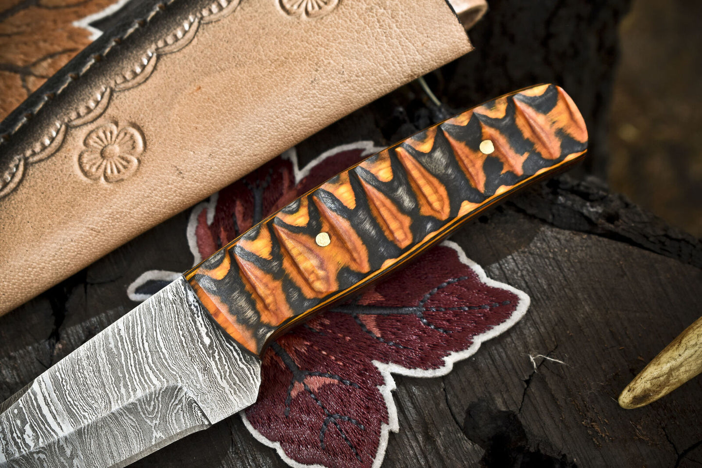 Twist Damascus Skinner Knife with Hardwood Handle for Survival and Camping