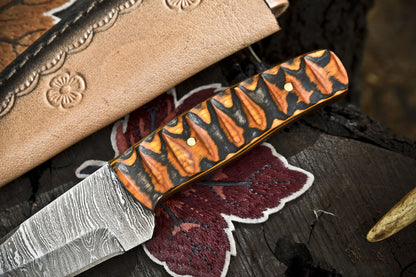 Twist Damascus Skinner Knife with Hardwood Handle for Survival and Camping