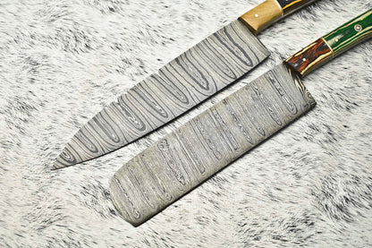 Custom Lot of 2 Handmade Hammered Damascus Steel Chef Knives