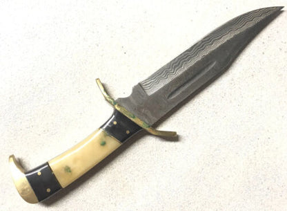 12 Inch Custom Damascus Steel Bowie Knife with Bone Handle and Leather Sheath