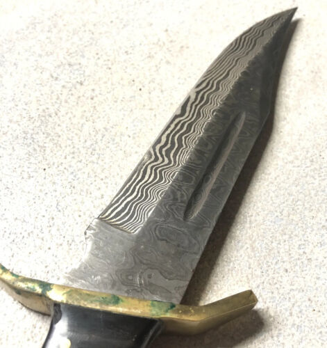 12 Inch Custom Damascus Steel Bowie Knife with Bone Handle and Leather Sheath