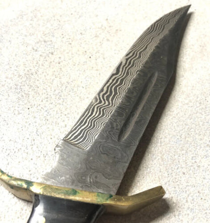 12 Inch Custom Damascus Steel Bowie Knife with Bone Handle and Leather Sheath