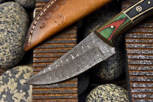 Hot Item Skinner Knife Rain Drop Damascus Hard Wood Handle Wooden Bolster EDC