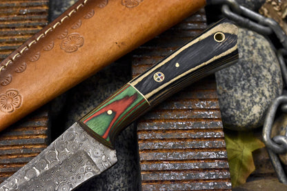 Hot Item Skinner Knife Rain Drop Damascus Hard Wood Handle Wooden Bolster EDC