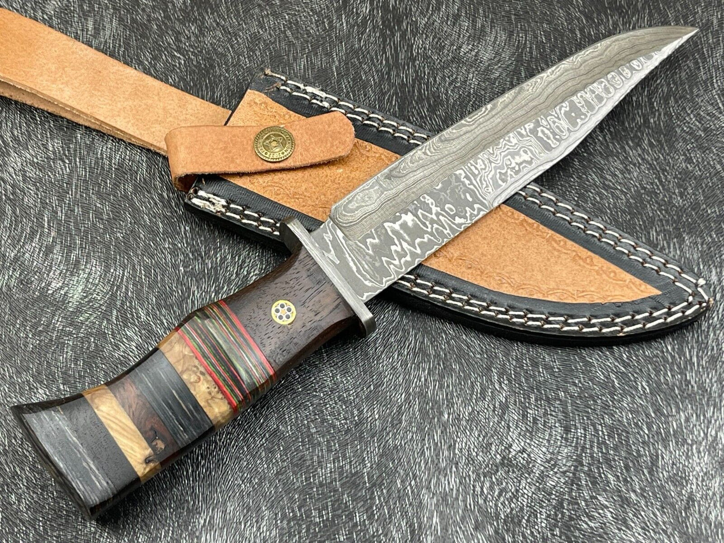 Damascus Steel Bowie Knife with Multi Color Hardwood Handle 12 Inch