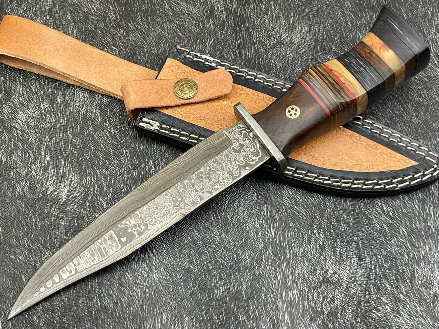 Damascus Steel Bowie Knife with Multi Color Hardwood Handle 12 Inch