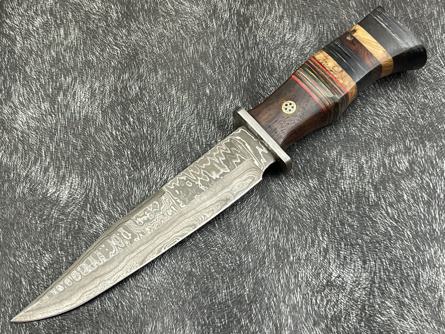 Damascus Steel Bowie Knife with Multi Color Hardwood Handle 12 Inch