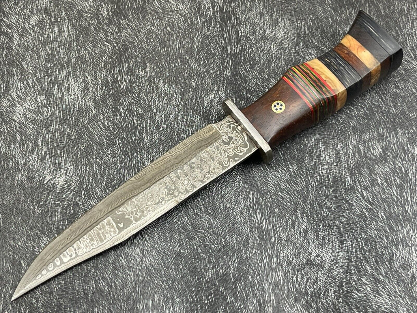 Damascus Steel Bowie Knife with Multi Color Hardwood Handle 12 Inch