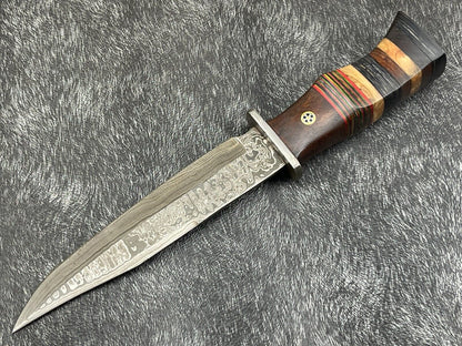 Damascus Steel Bowie Knife with Multi Color Hardwood Handle 12 Inch