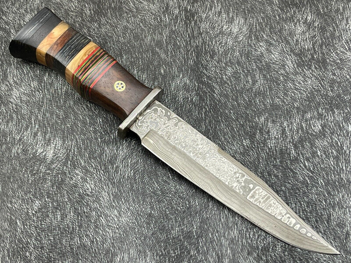 Damascus Steel Bowie Knife with Multi Color Hardwood Handle 12 Inch