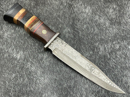 Damascus Steel Bowie Knife with Multi Color Hardwood Handle 12 Inch