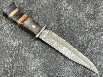 Damascus Steel Bowie Knife with Multi Color Hardwood Handle 12 Inch