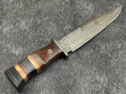 Damascus Steel Bowie Knife with Multi Color Hardwood Handle 12 Inch