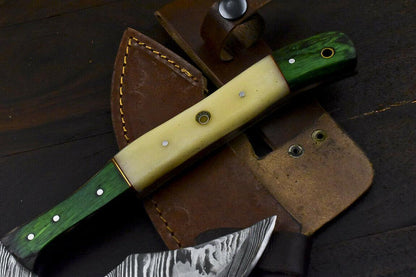 Handmade Damascus Axe Camel Bone Handle Damascus Steel Axe Clever Chopper Knife with Leather Sheath