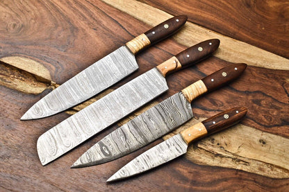 Lot of 4 Handmade Damascus Steel Blade Kitchen & Outdoor Chef Knife Set