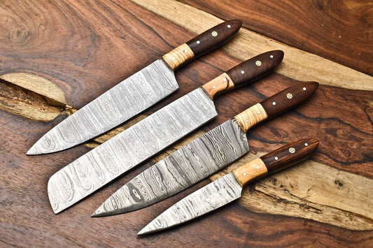 Lot of 4 Handmade Damascus Steel Blade Kitchen & Outdoor Chef Knife Set
