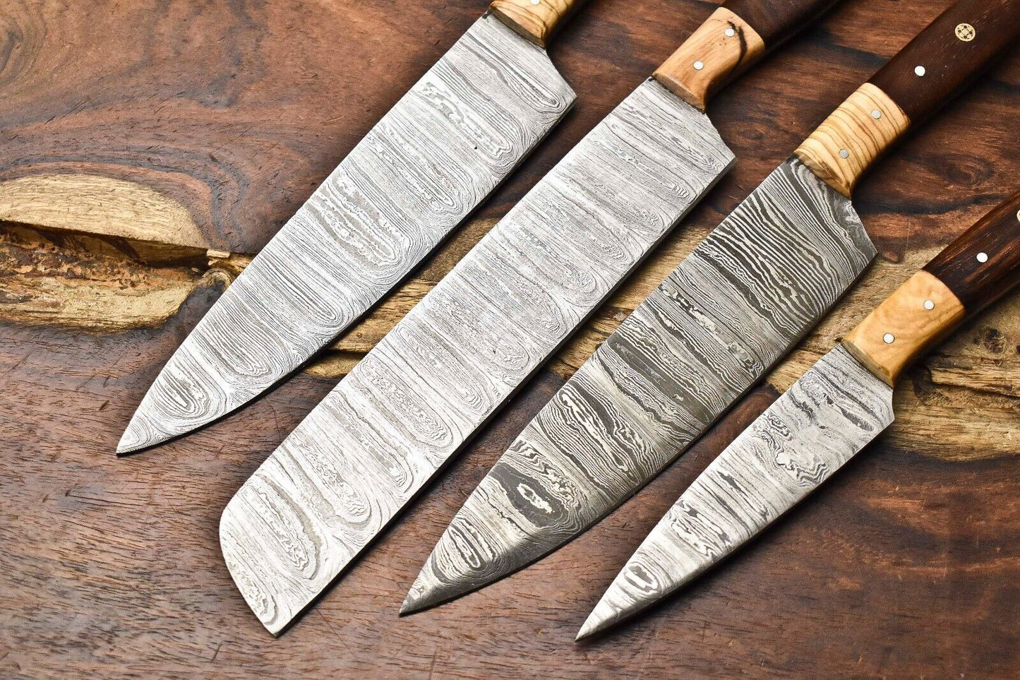 Lot of 4 Handmade Damascus Steel Blade Kitchen & Outdoor Chef Knife Set