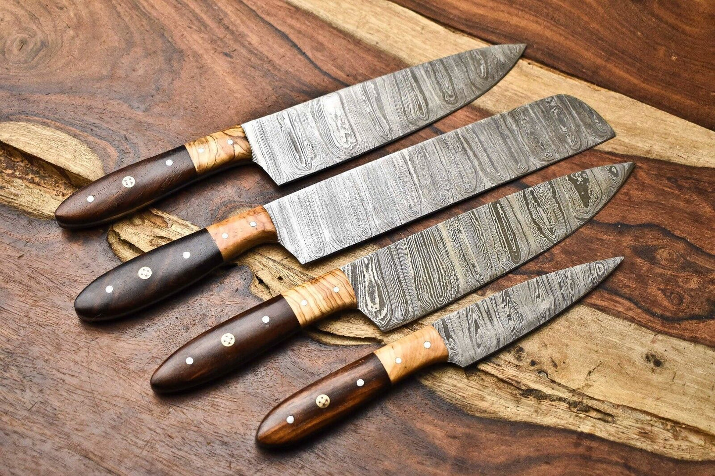 Lot of 4 Handmade Damascus Steel Blade Kitchen & Outdoor Chef Knife Set