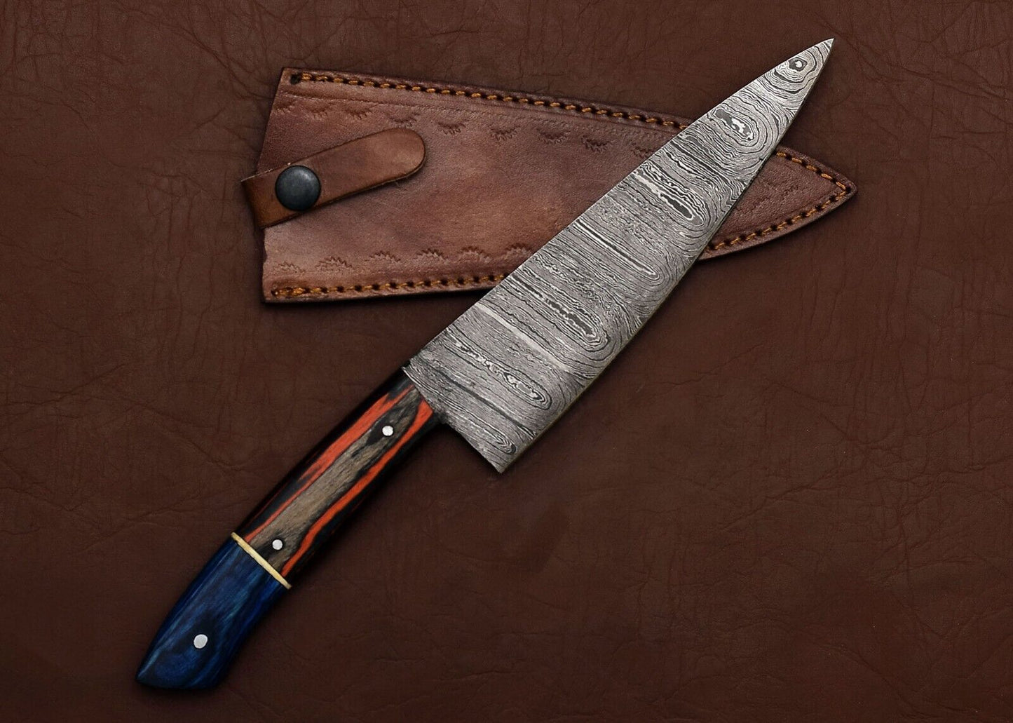Full Tang Damascus Steel Kitchen Chef Fillet Knife with Pakka Wood Handle & Leather Sheath