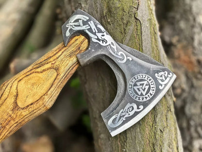 Hand Forged Viking Axe with Etched Head and Leather Cover for Camping and Outdoor Use