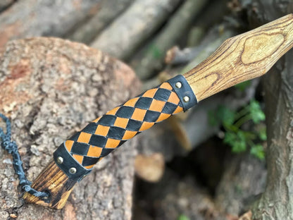 Hand Forged Viking Axe with Etched Head and Leather Cover for Camping and Outdoor Use